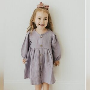Kids Boho Button Oversized Pocket Cotton Linen Dress Purple Tunic Youth Girl 3-4